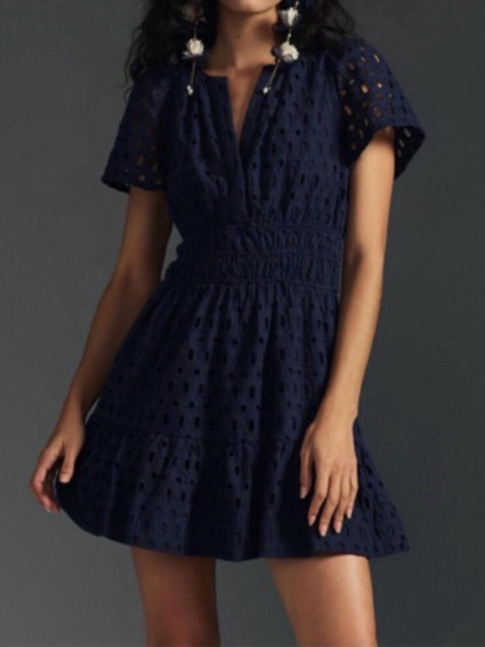 Anthropologie Navy Eyelet Short-Sleeve Mini Dress